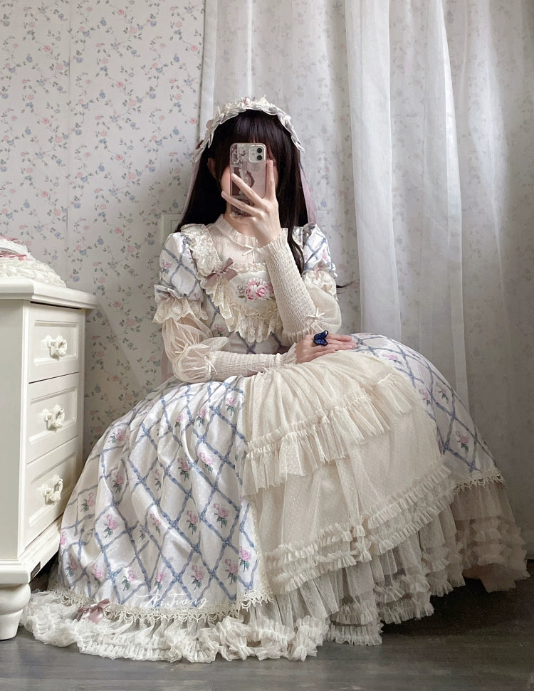 Moon River~Elegant Lolita OP Dress Short Sleeve Square Neckline Print Dress 34110:441858