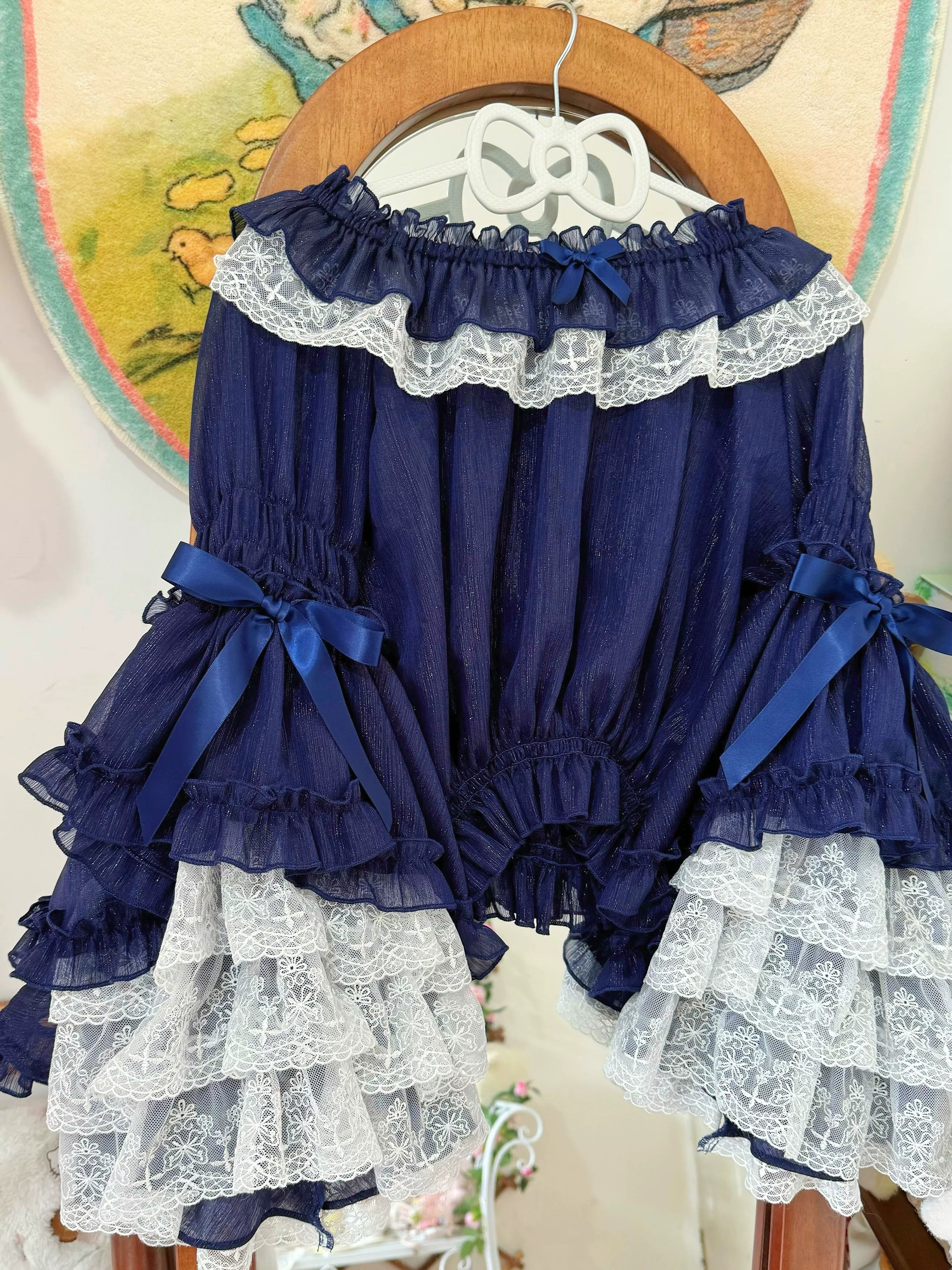 Vintage Lolita Hime Sleeve Blouse, Off-shoulder Design Navy Blue S