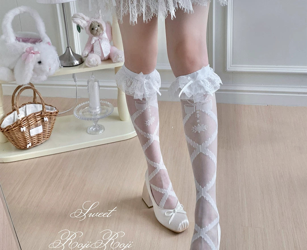 Lolita Cross Printed Socks with Layered Lace Trim Cuff 45516:852721