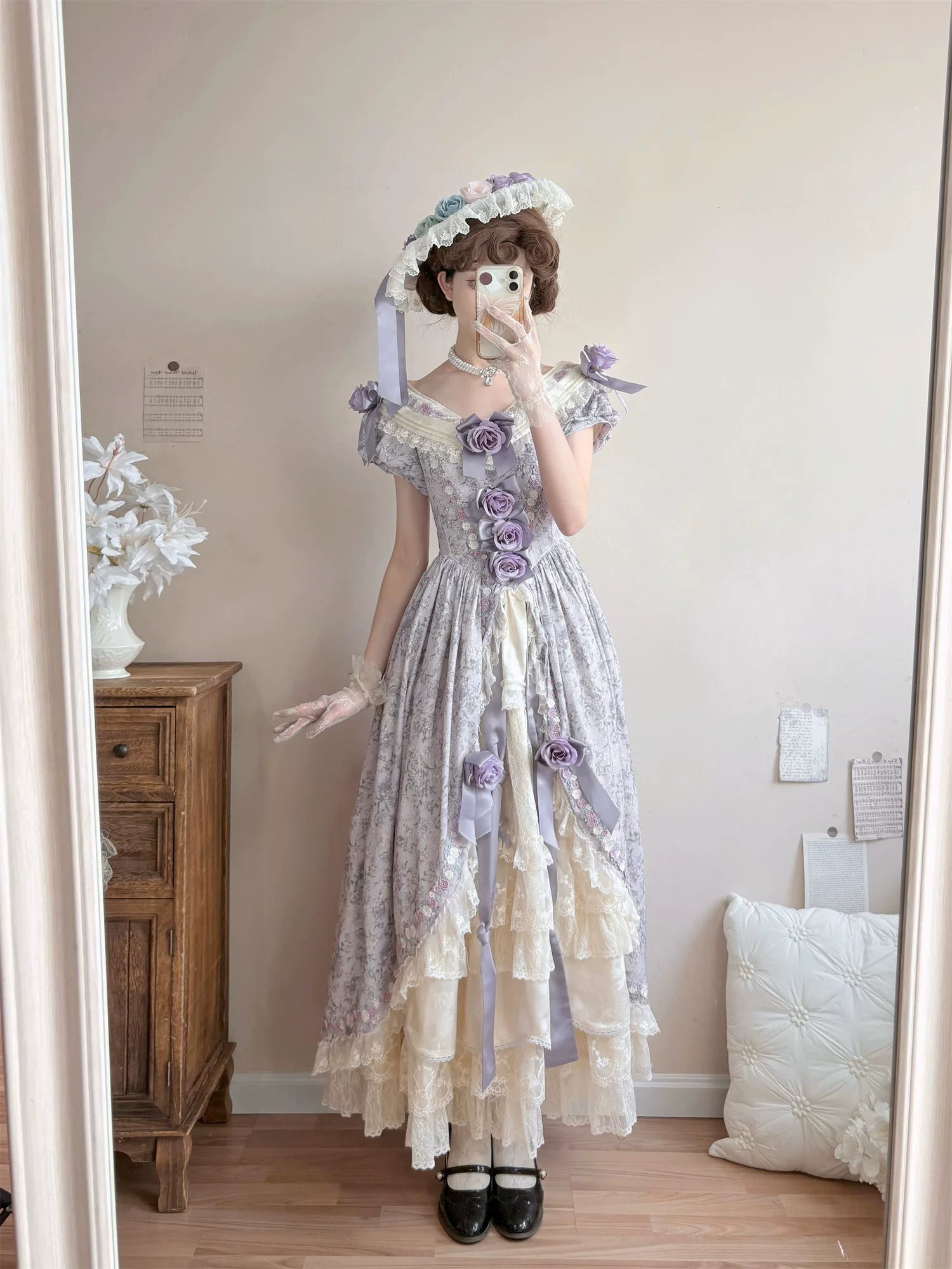 Dolota Flower Wall - Classic Lolita Floral OP Dress, Open Shoulder 44485:811223