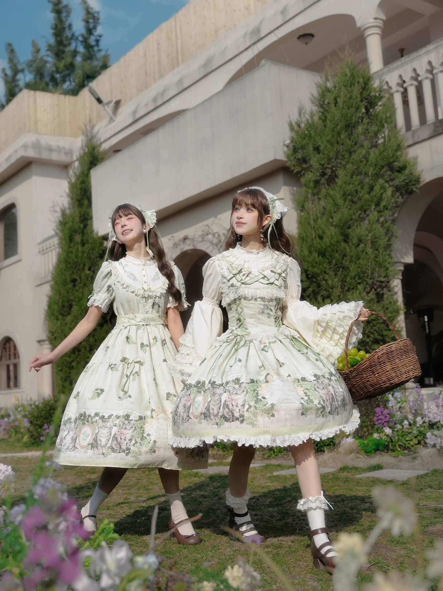 Grape Garden Cat - Classic Lolita Printed JSK Dress, Short Sleeve OP