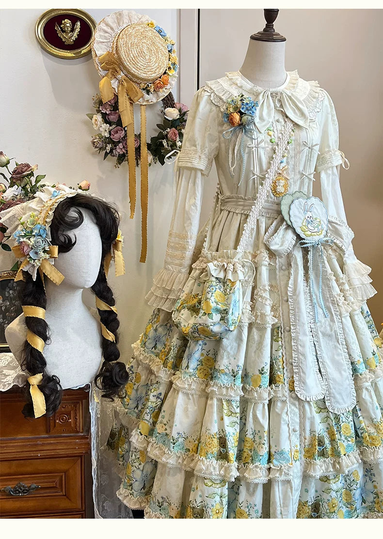 Flower Rabbit Bear - Country Lolita Tiered Skirt Dress, Floral & Bear Print