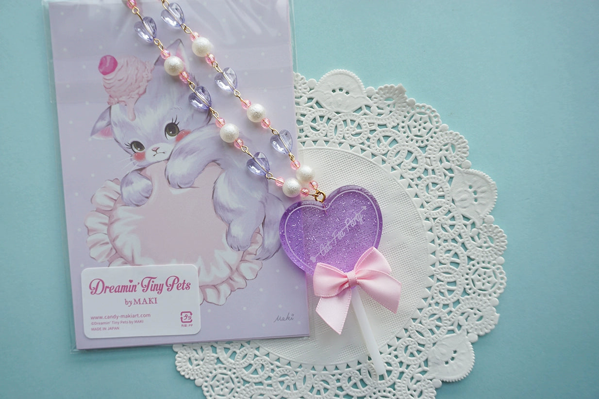 Cat Tea Party - Sweet Lolita Necklace Heart-Shaped Lollipop Necklace Purple lollipop with pink bow