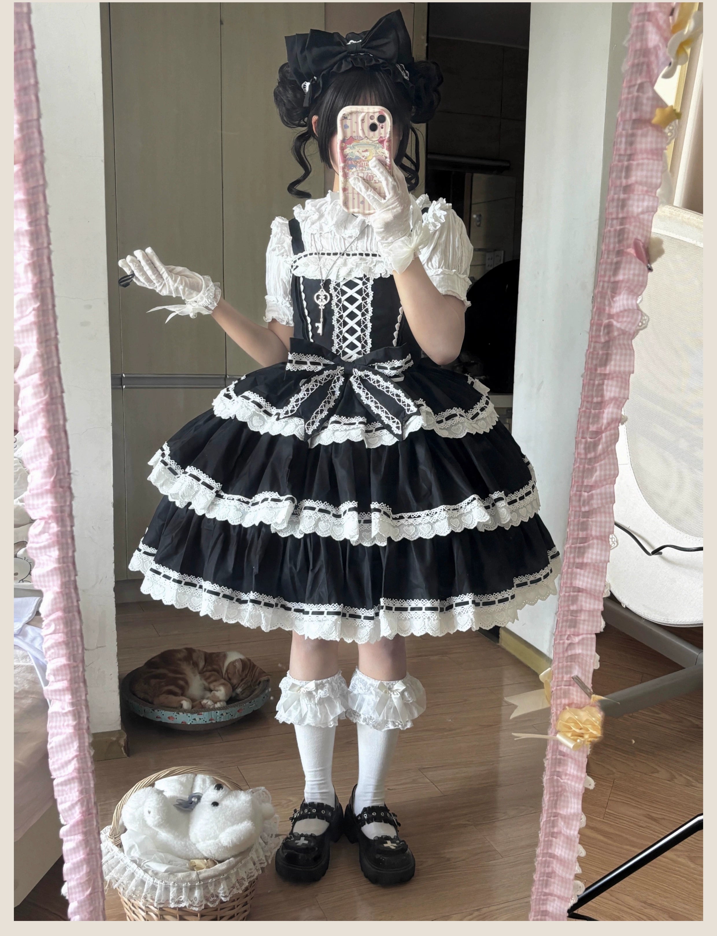 Otome Heart - Cotton Old School Lolita JSK Dress Suit, Heart-Shaped Lace Trim 43381:774532