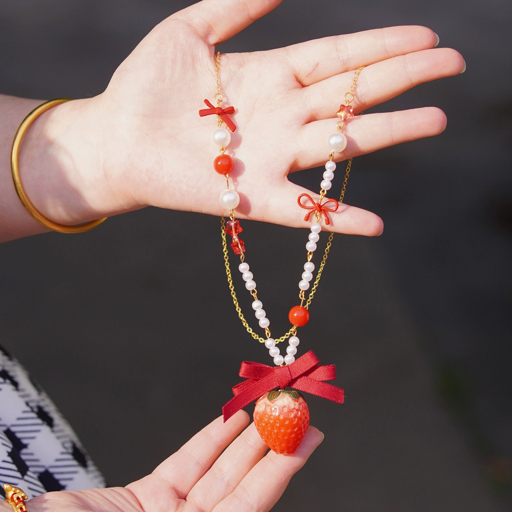 Chubby Cat Diary - Gingham Strawberry - Plus Size Country Lolita OP Dress Strawberry Necklace Only (free size / choose M) S