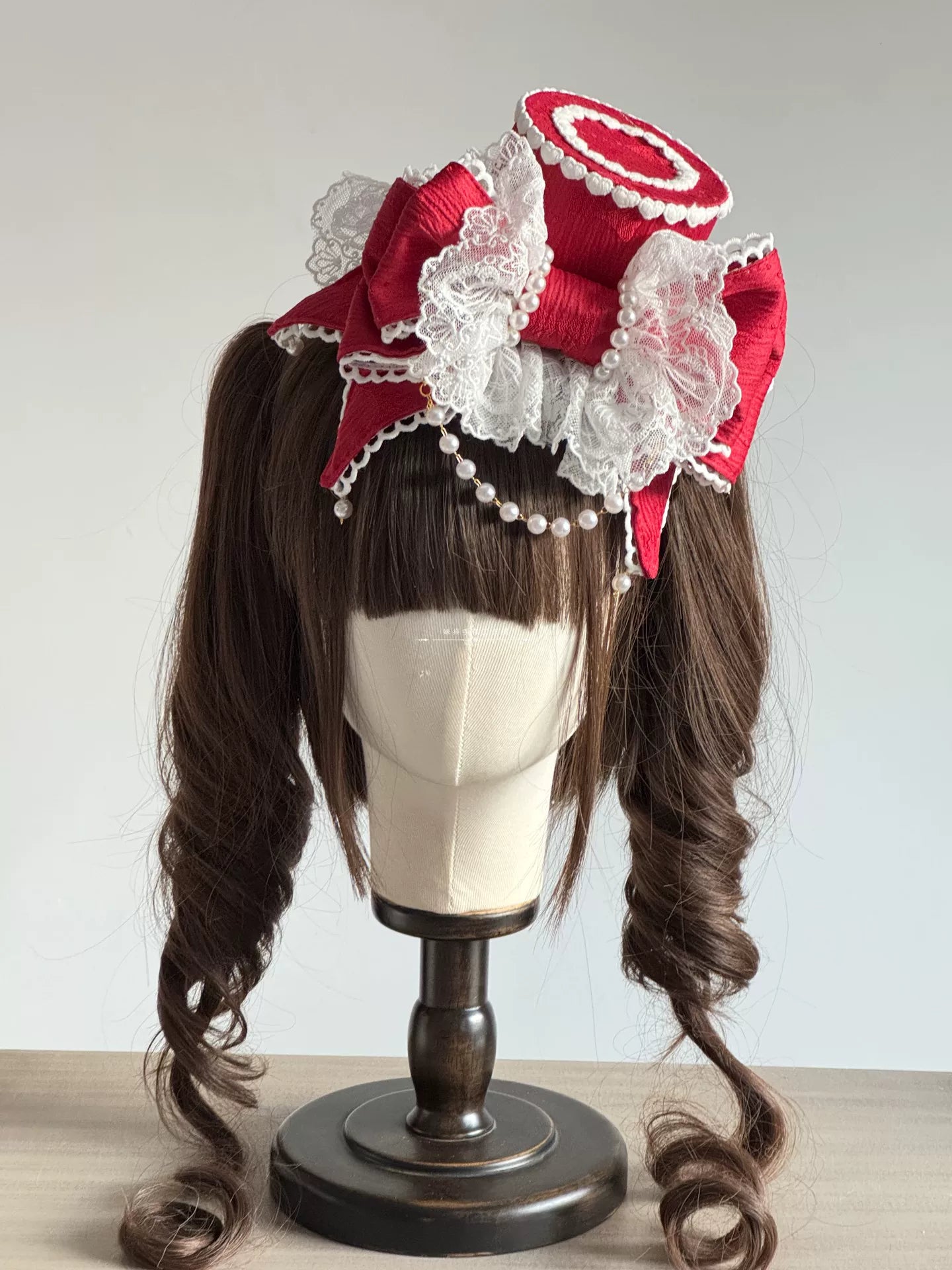 Sweet Lolita Bowknot Top Hat, Lace & Pearl Detail Burgundy - Top Hat