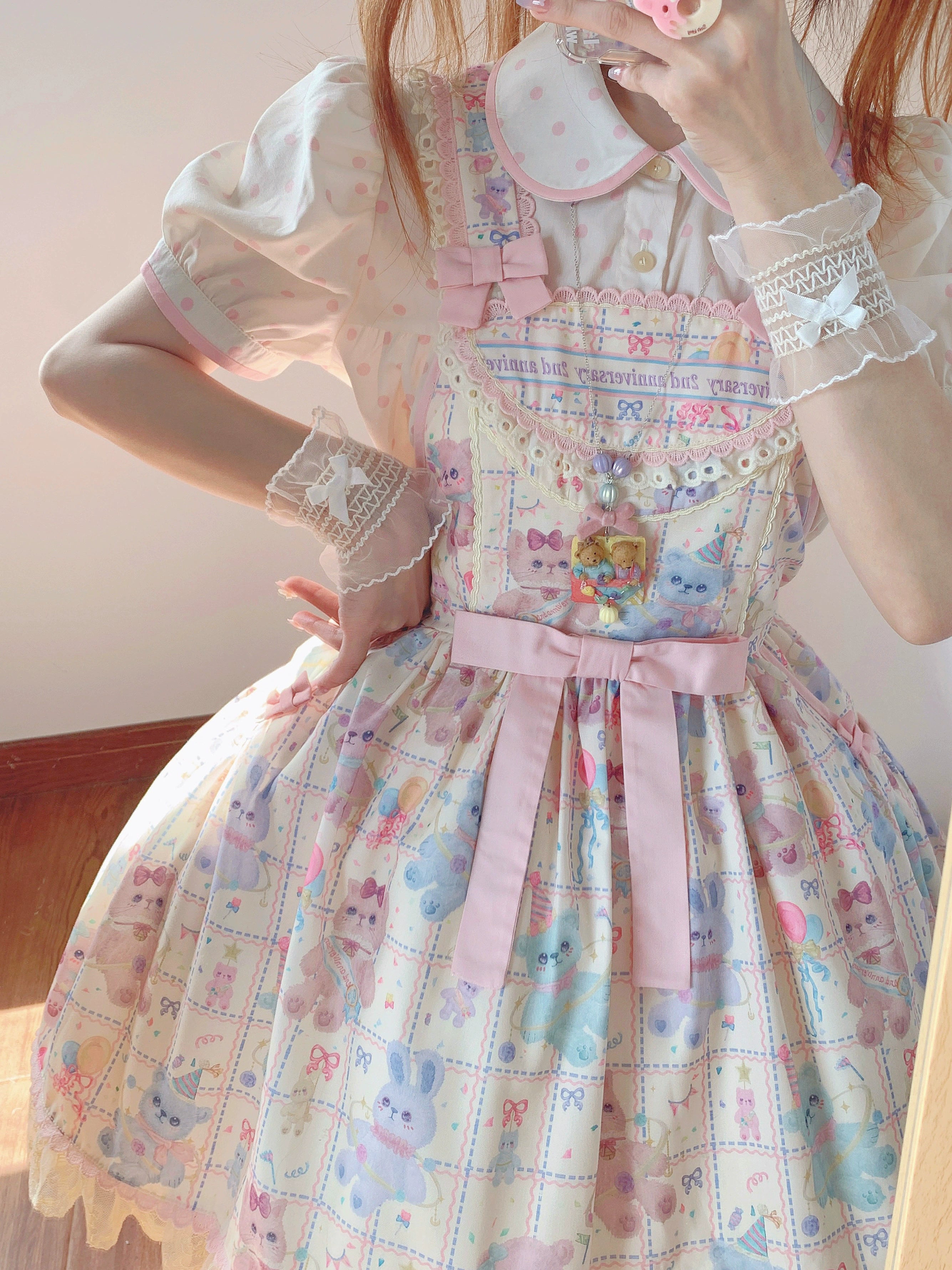 RichLolita - Starry Pudding Bear - Sweet Lolita Jumper Dress Printed OP Dress XS Salopette