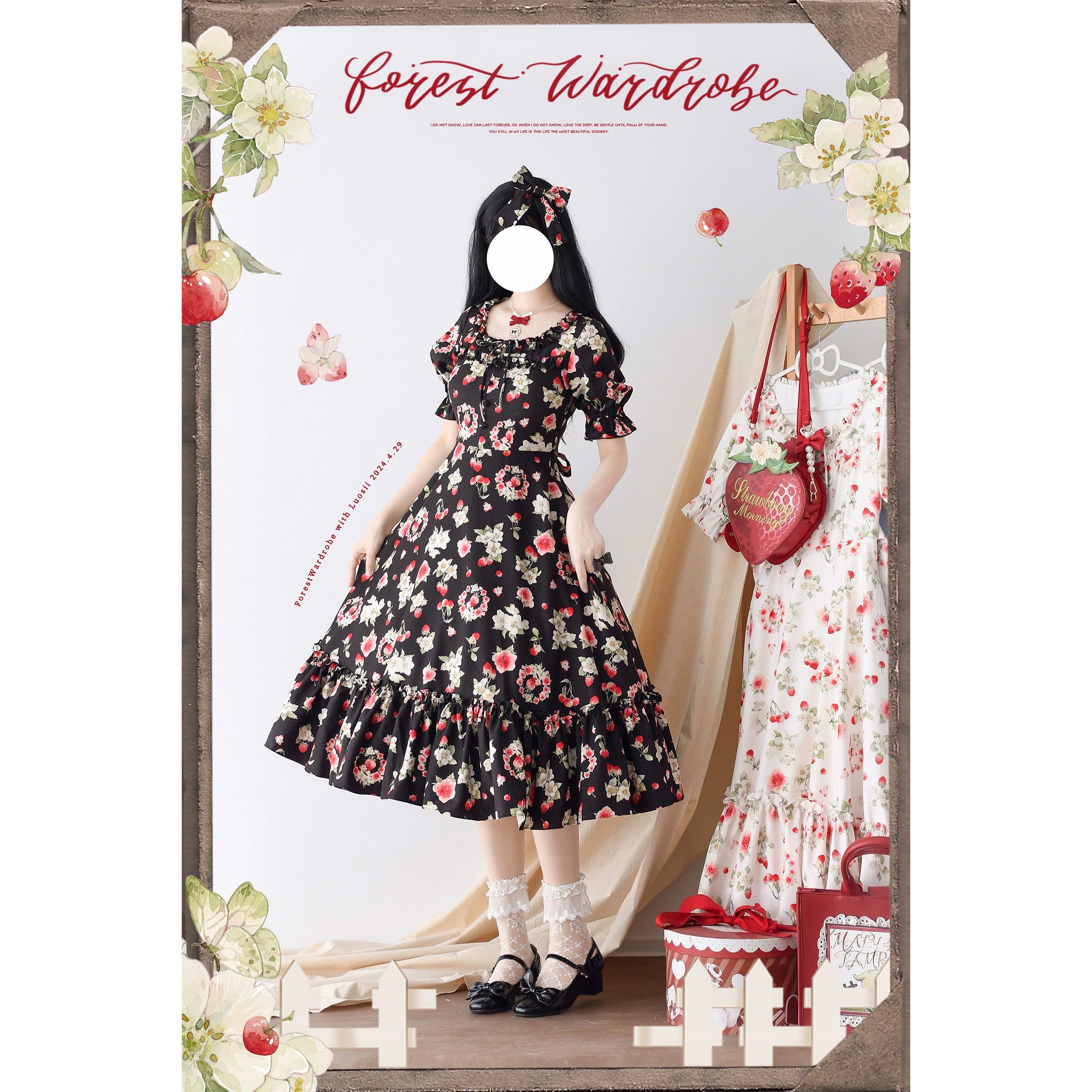Forest Wardrobe - Summer Berry Picture Book - Vintage Lolita OP Dress Floral Print Short Sleeve Dress