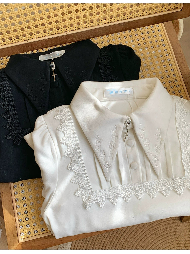 With PUJI - The Vow - Solid Lolita Sweater, Juliet Sleeve, Pointed Collar