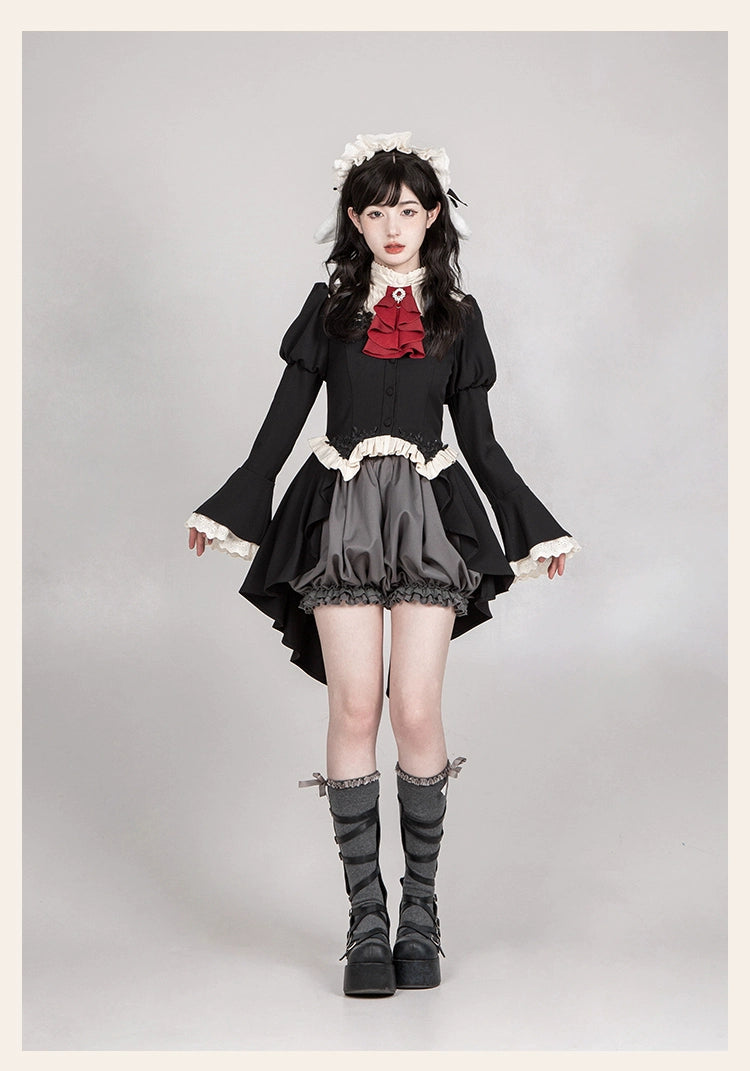 With PUJI - Night Feast - Gothic Lolita Suit Ouji Lolita Tailcoat Tiered Skirt Shorts