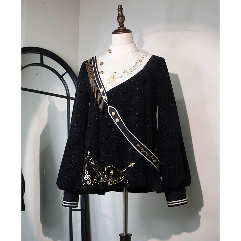 LizBird - Tomorrow Song - Ouji Lolita Loose Sweater and A-line Shorts Waffle Diagonal-Cut Collar Sweater - S