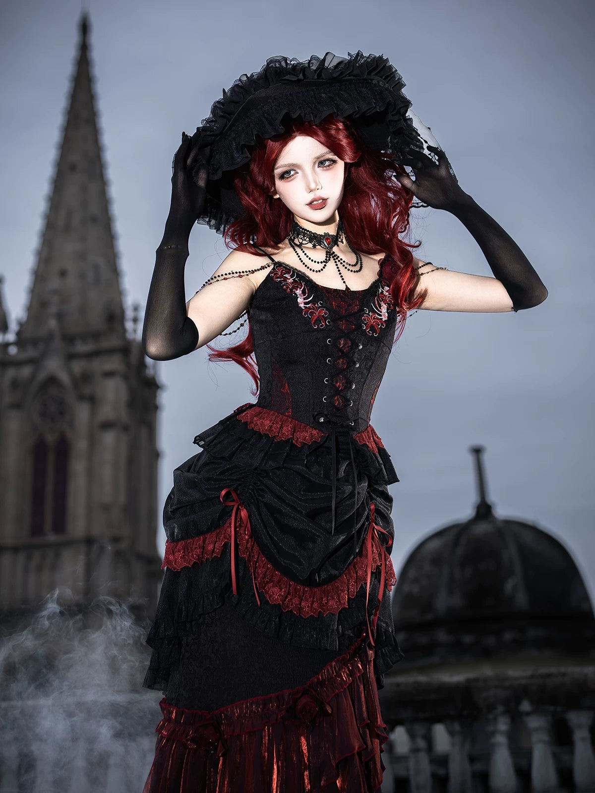 Bone Rot Bloom - Gothic Lolita Embroidered Camisole & Drawstring Lift-up Hem Skirt 45593:854839