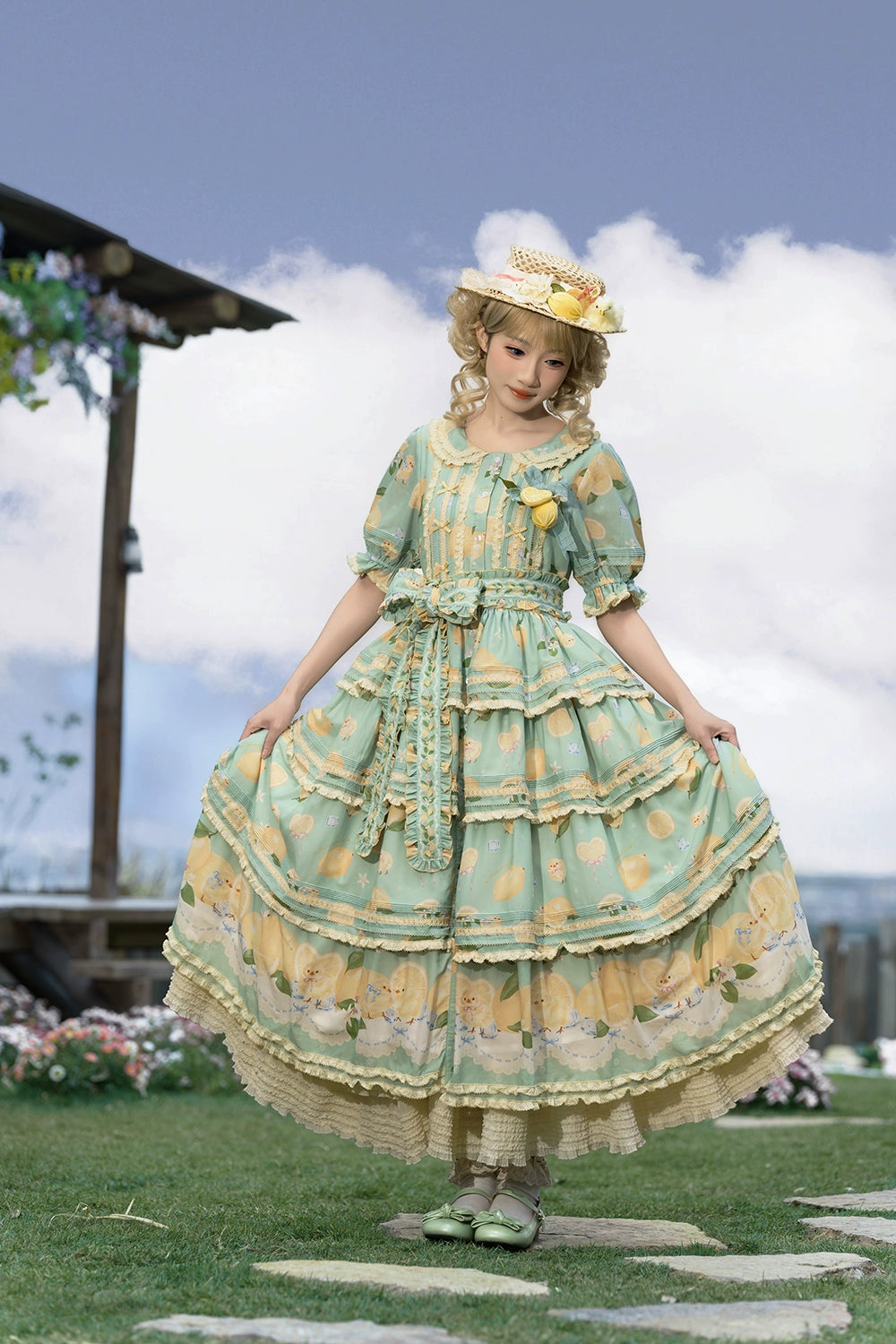 Miss Point - Lemon Chick - Country Lolita Printed OP With Button Front