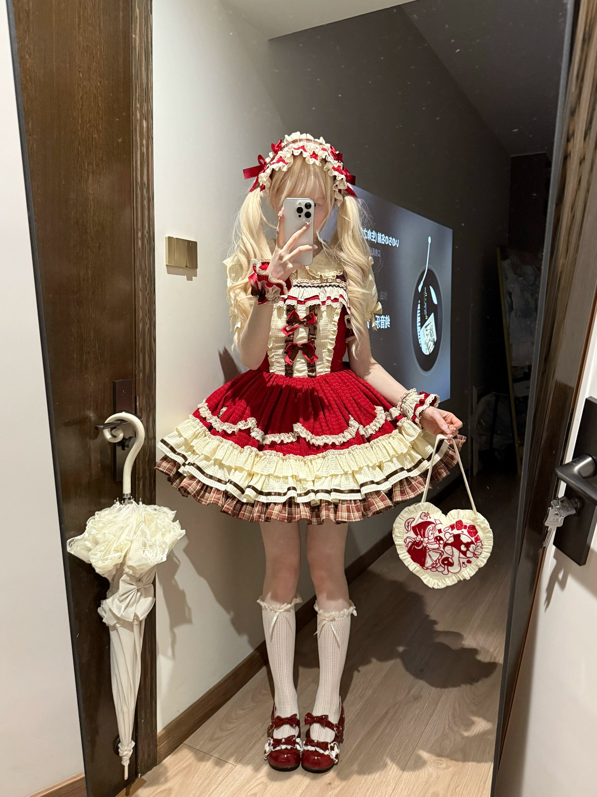 Xiao Ai Qu - Little Red Cloak - Sweet Lolita JSK Set, Rabbit Ear Cape 44348:805009