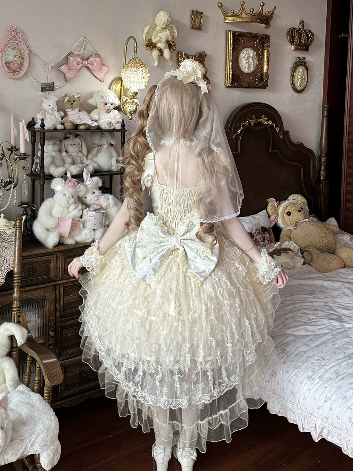 Hanguliang - Feather's Ballad - Wedding Lolita JSK Dress, Tiered Ruffles Apricot Back Bow Trailing Only (one size / choose M) S