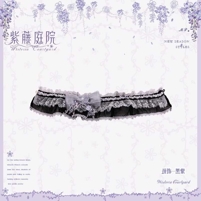Wisteria Courtyard - Dreamy Purple Brooch and Headdress, Wisteria Accent Black and Purple - Choker Only One Size