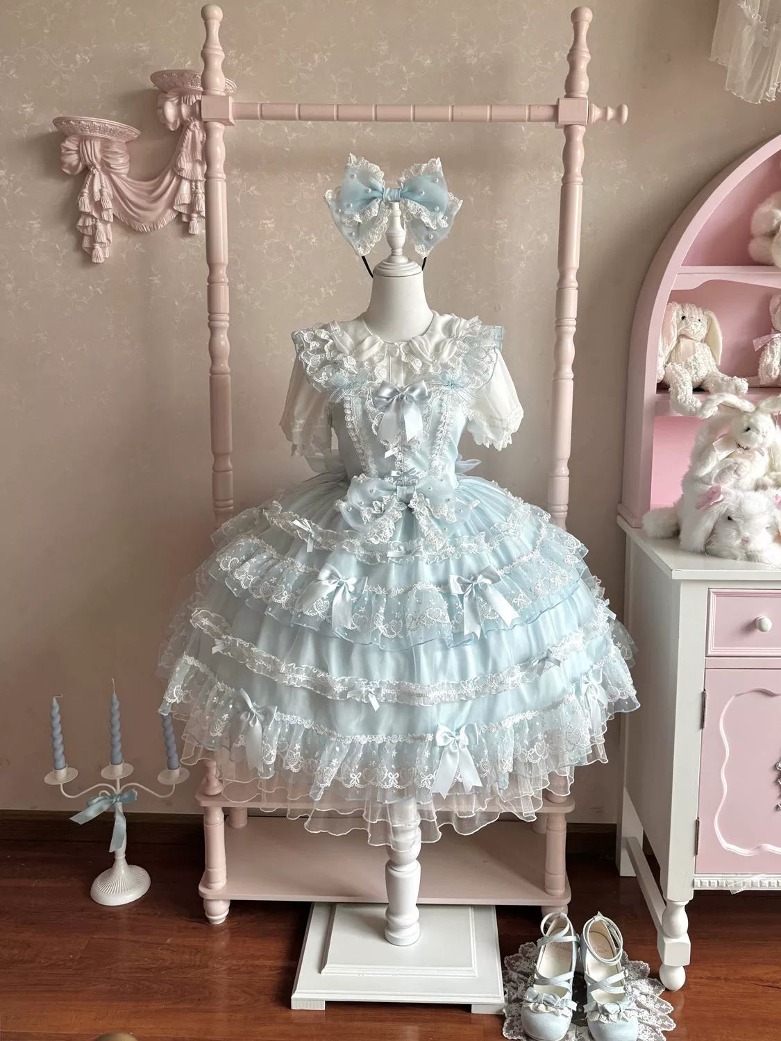 Hanguliang - Fudie Heart - Sweet Lolita JSK Dress With Tiered Skirt and Bow Trailing Blue JSK Only (without blouse) S