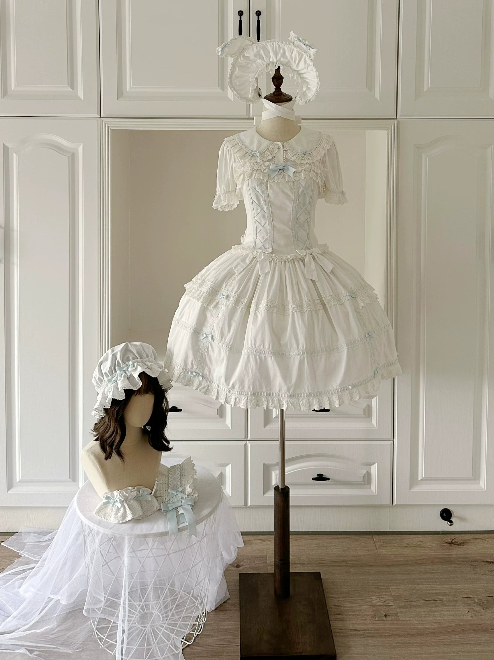 Yarn-Woven Doll Clothing - Old School Lolita Cotton JSK, Peter Pan Collar Blouse White and Water Blue XS JSK Only (without back bow)