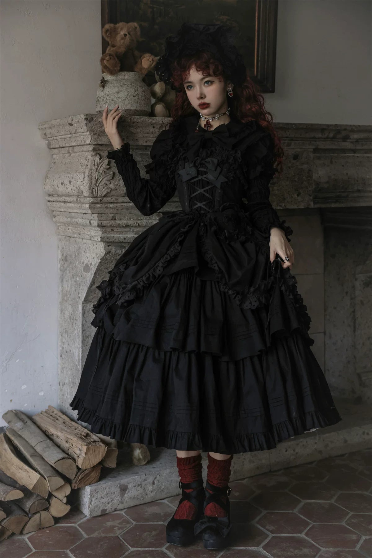 Cotton Gothic Lolita Long JSK, Drawn-up Hem (Black / L M S) 45213:841063