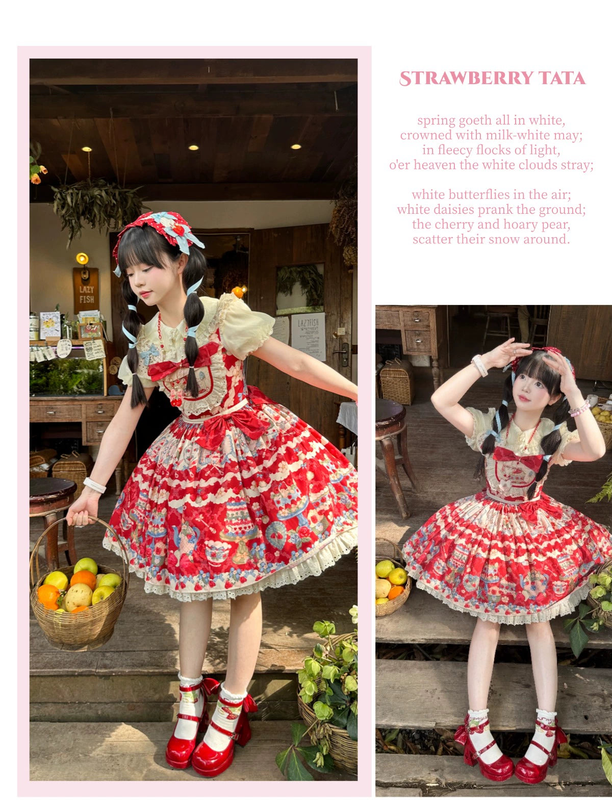 Rose Whispers - Strawberry Tata - Sweet Lolita Dress Suit With Strawberry Cake Print 43173:769176