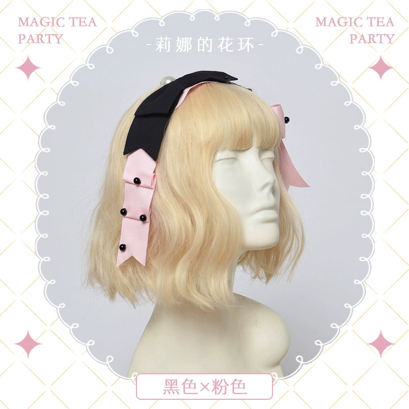 Magic Tea Party - Lena's Garland - Elegant Lolita HeaddressPearl Headband Set with Hair Clip One Size black + pink