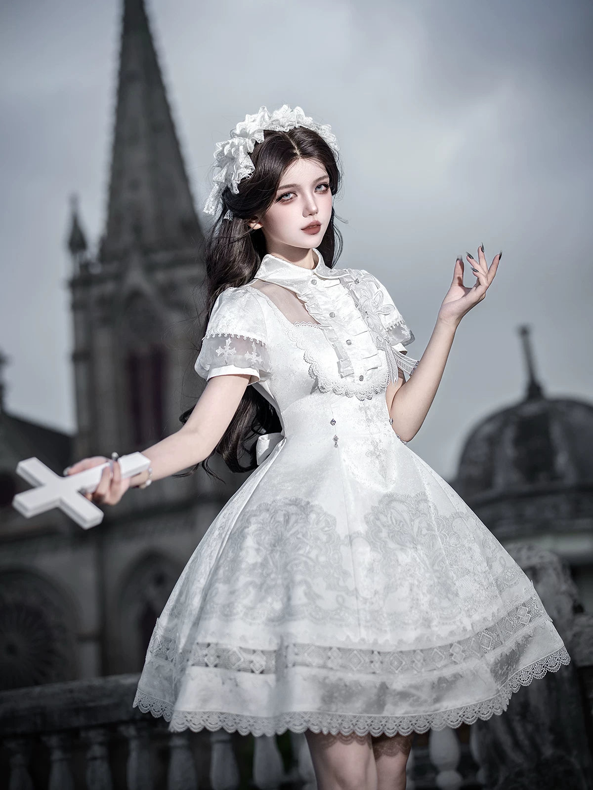 White Classic Lolita Printed OP Dress with Cross