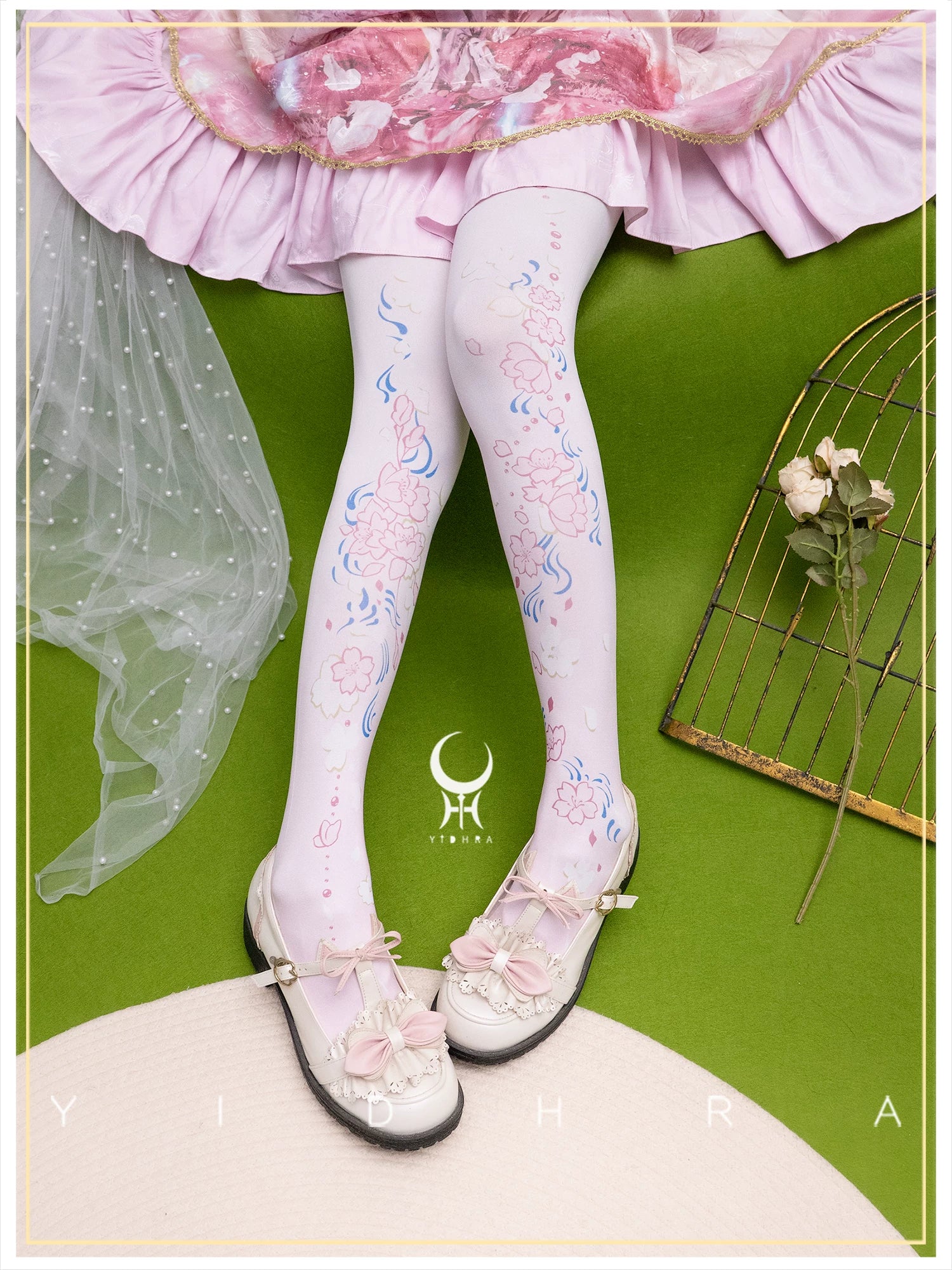 Floating Sakura - Stretchy Sakura Print Lolita Pantyhose 120D - Light Pink