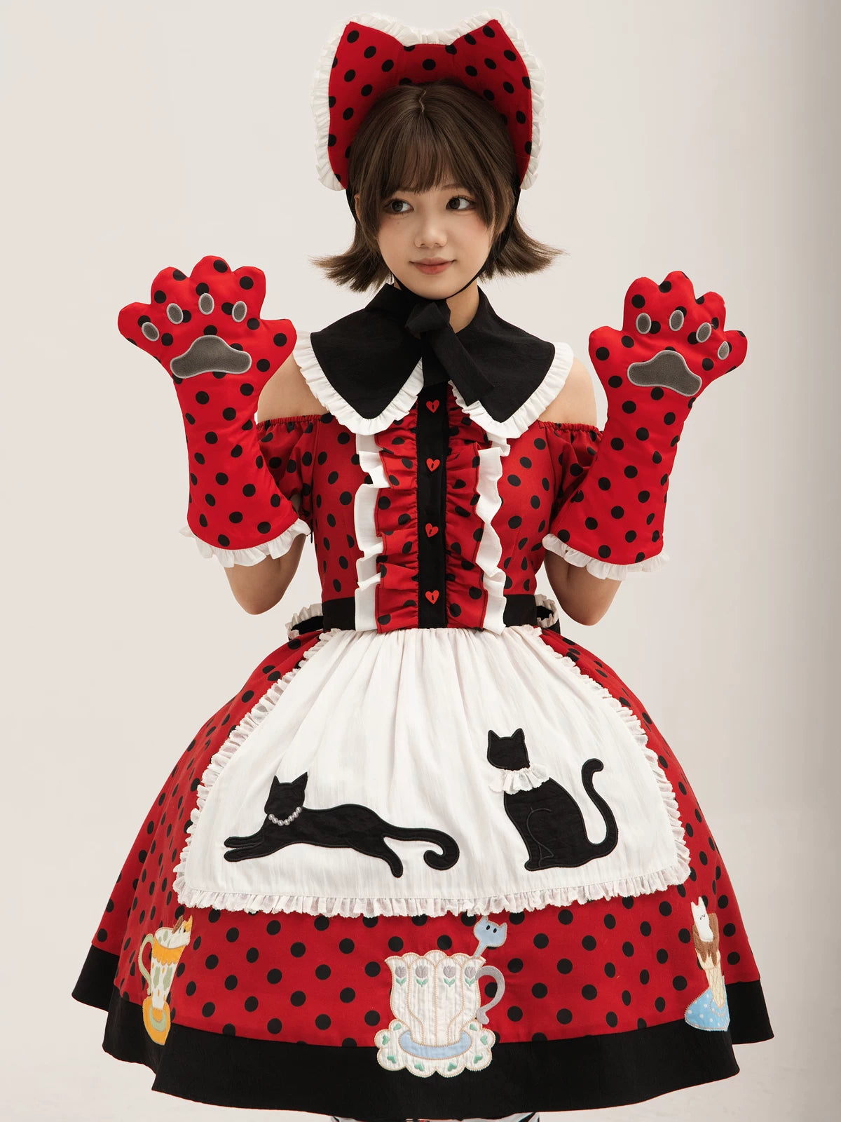 Teacup Meow - Old School Lolita Polka Dot OP Dress, Cat and Teacup Patch 45490:852656