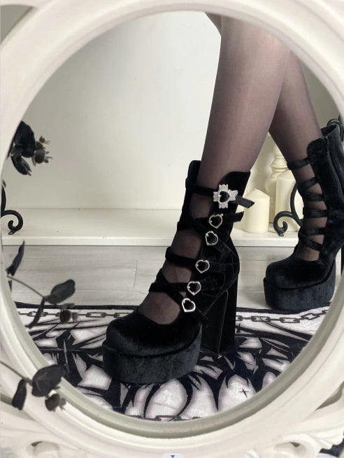 (Buyforme) Pure Tea For Dream~Cross Buckle Punk Lolita Shoes 34 velvet black (pre-order 4-5 months before shipping) (34 35 36 37 38 39 40) 6870:562914