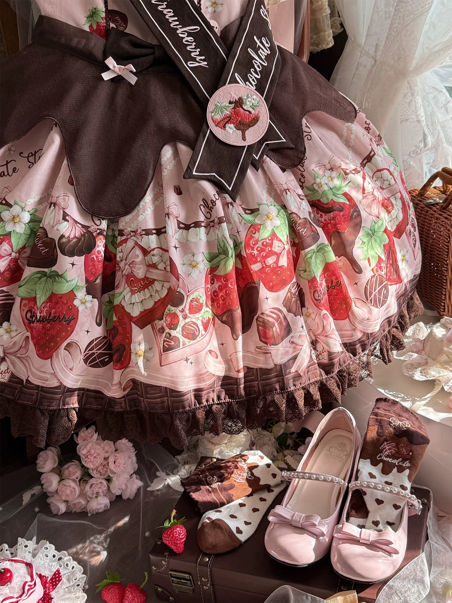 Strawberry Chocolate Lovers - Kawaii Lolita Embroidered Printed Dress 44882:840991