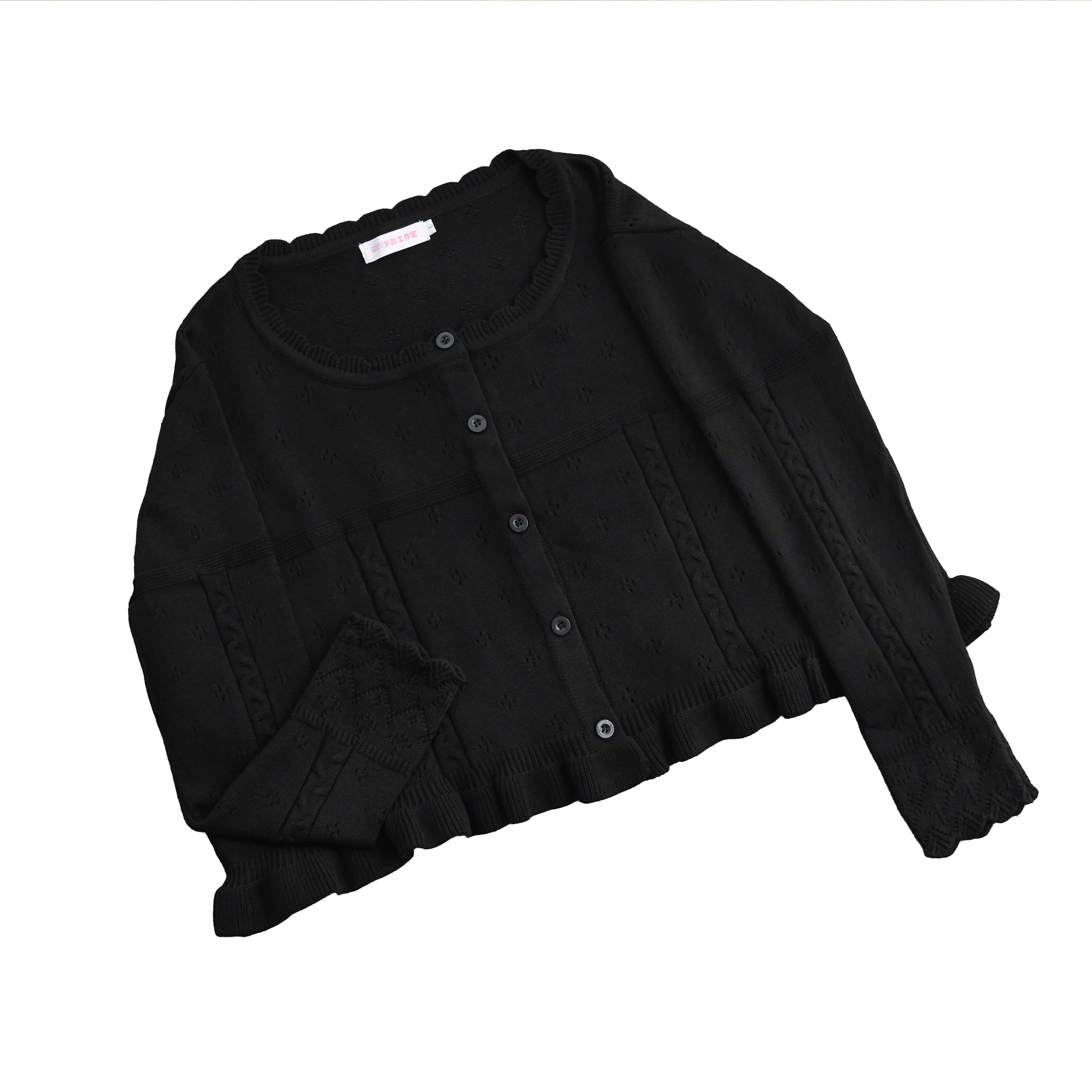 MIST - Kawaii Lolita Sweater Cardigan, Ruffled Lace Hem (Black / L S) 43896:789157