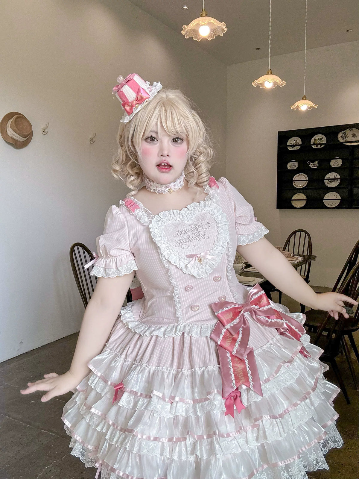 Sparkle Annie - Plus Size Sweet Lolita Top & SK Set, Cream Pink Pinstripe 45943:869245