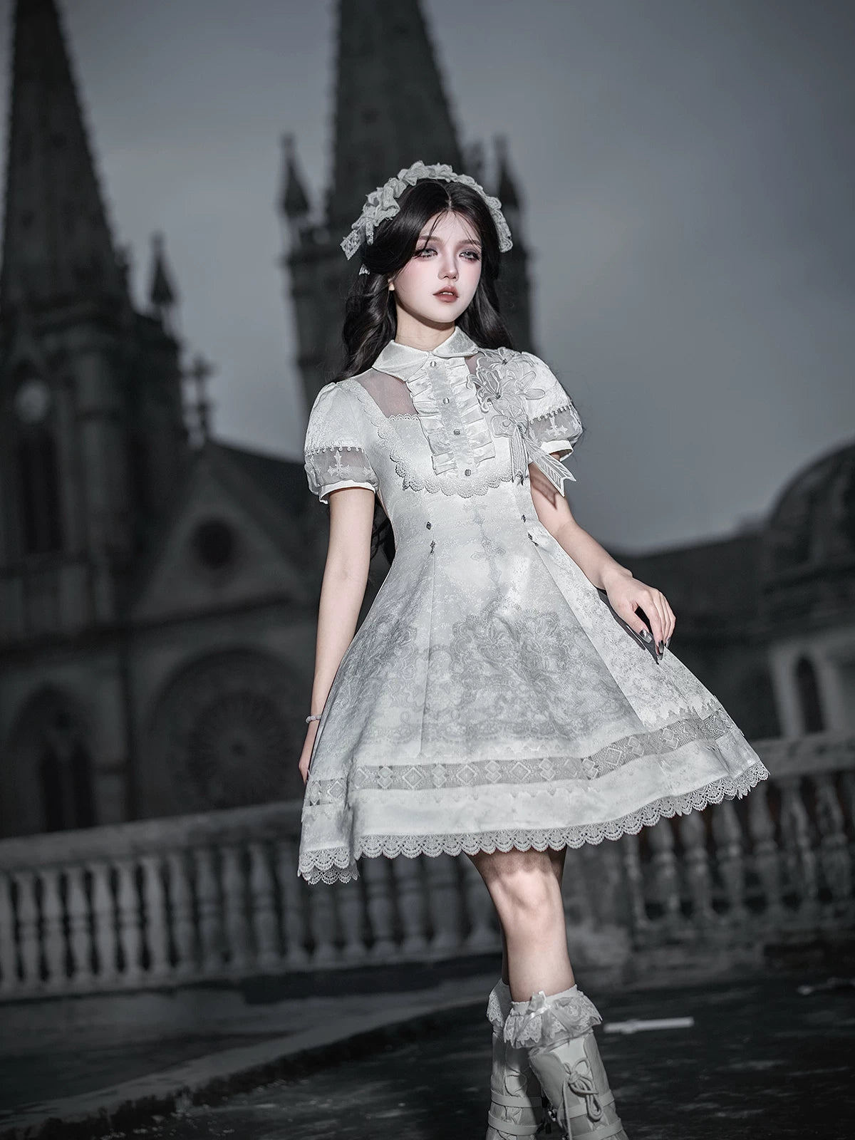 White Classic Lolita Printed OP Dress with Cross