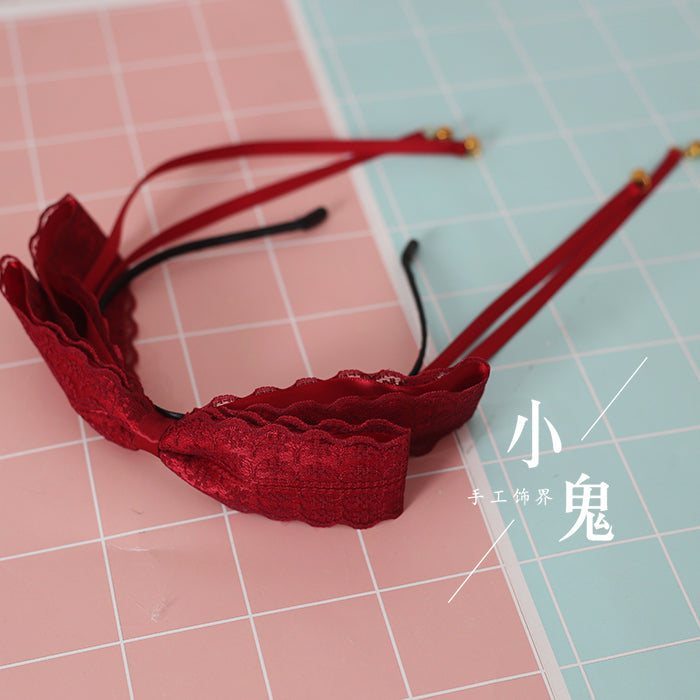 Xiaogui - Kawaii Lolita Bell KC Lace Bow Hair Accessory wine red lace bell-tassel headband