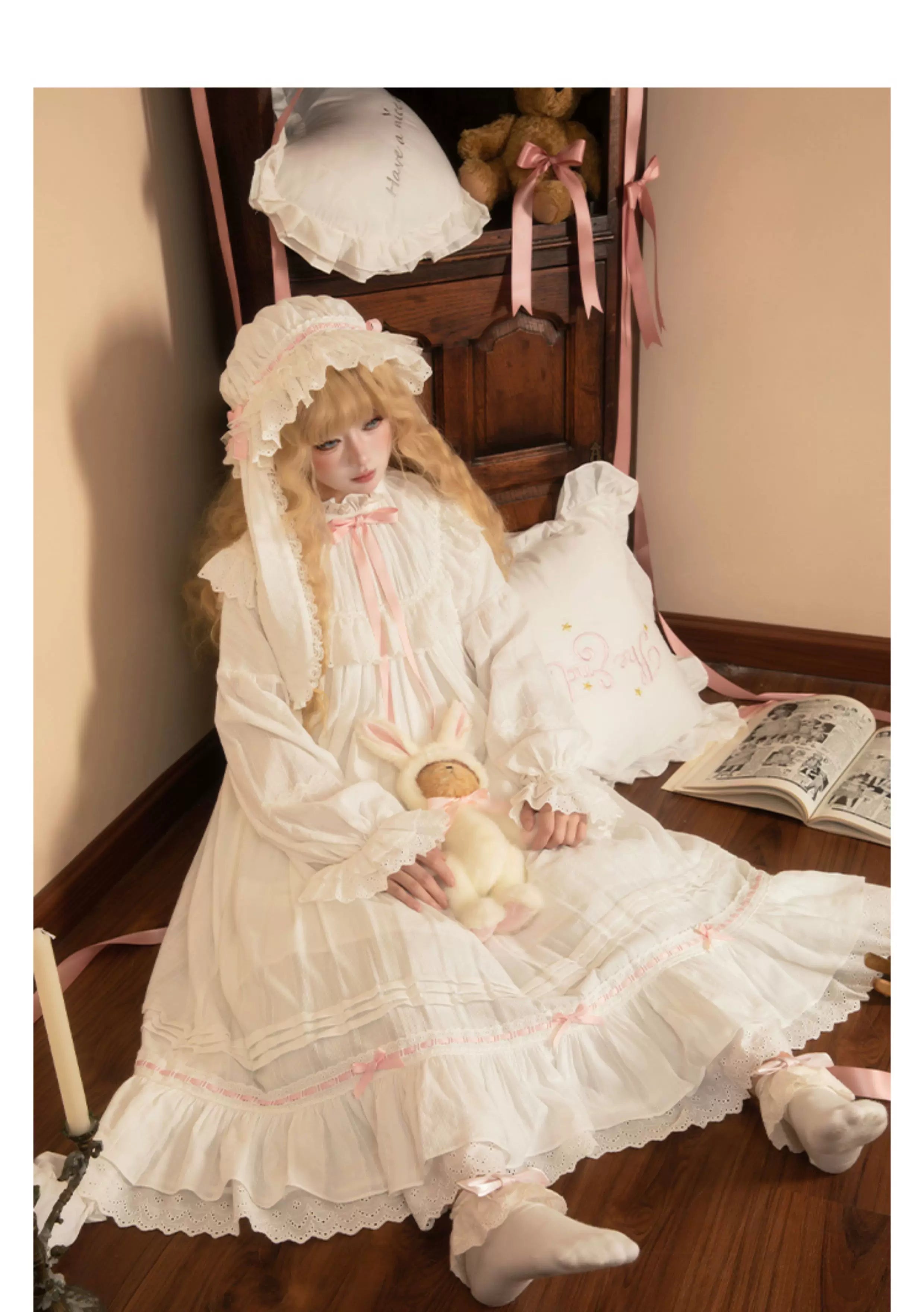 Lop-Eared Bunny Dream - Vintage Lolita Doll-like Nightdress, Ruffles & Bow