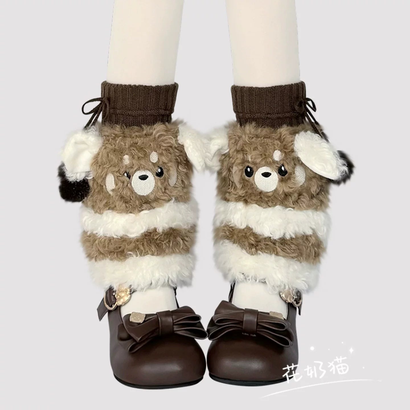 Plush Winter Kawaii Lolita Leg Warmers, Bear-shaped Brown bear leg warmers + dark-brown pom-pom sock toppers
