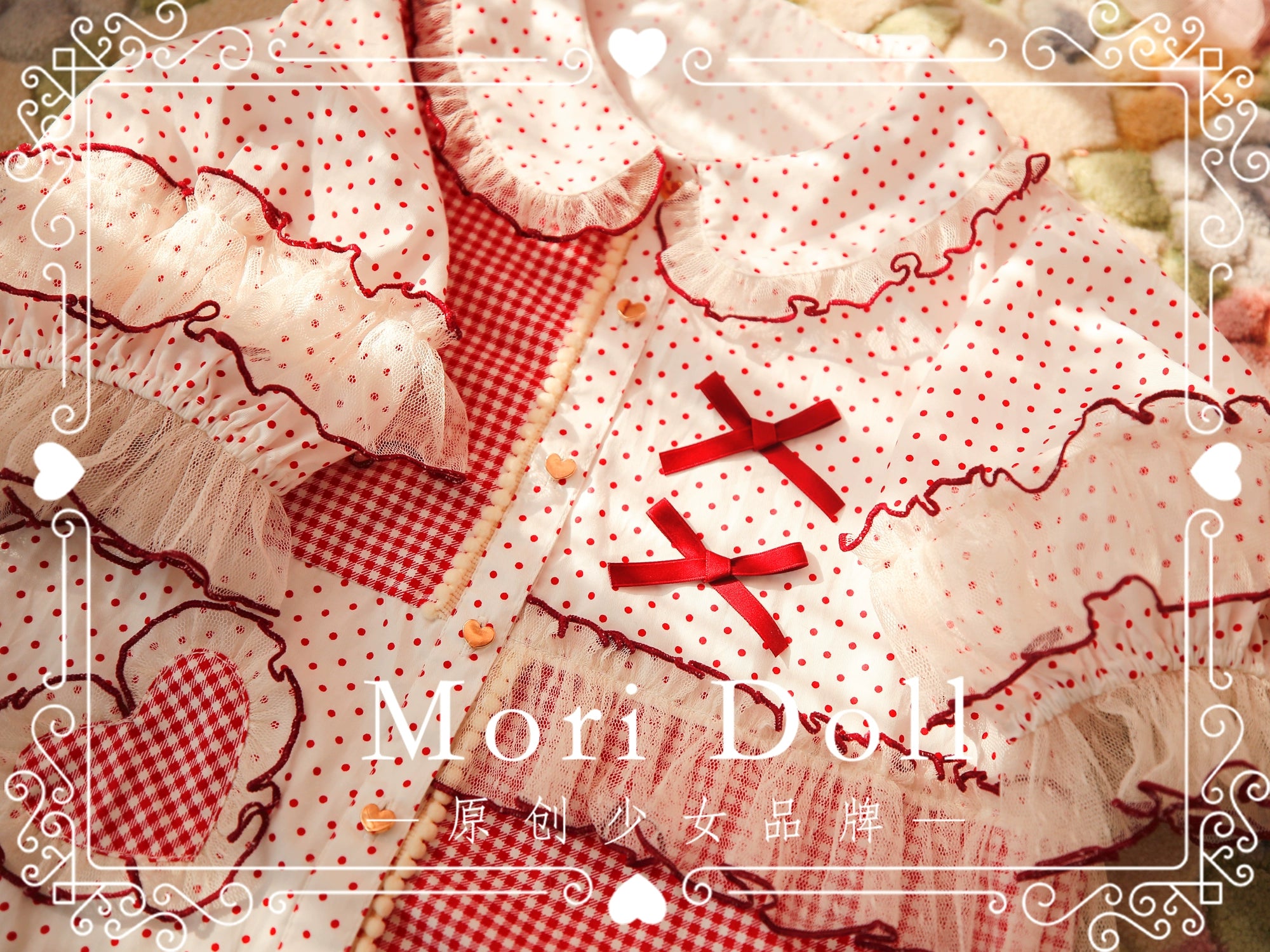 Mori Doll - Peach Tea - Sweet Lolita Dot and Stripe Print Short Sleeve Blouse