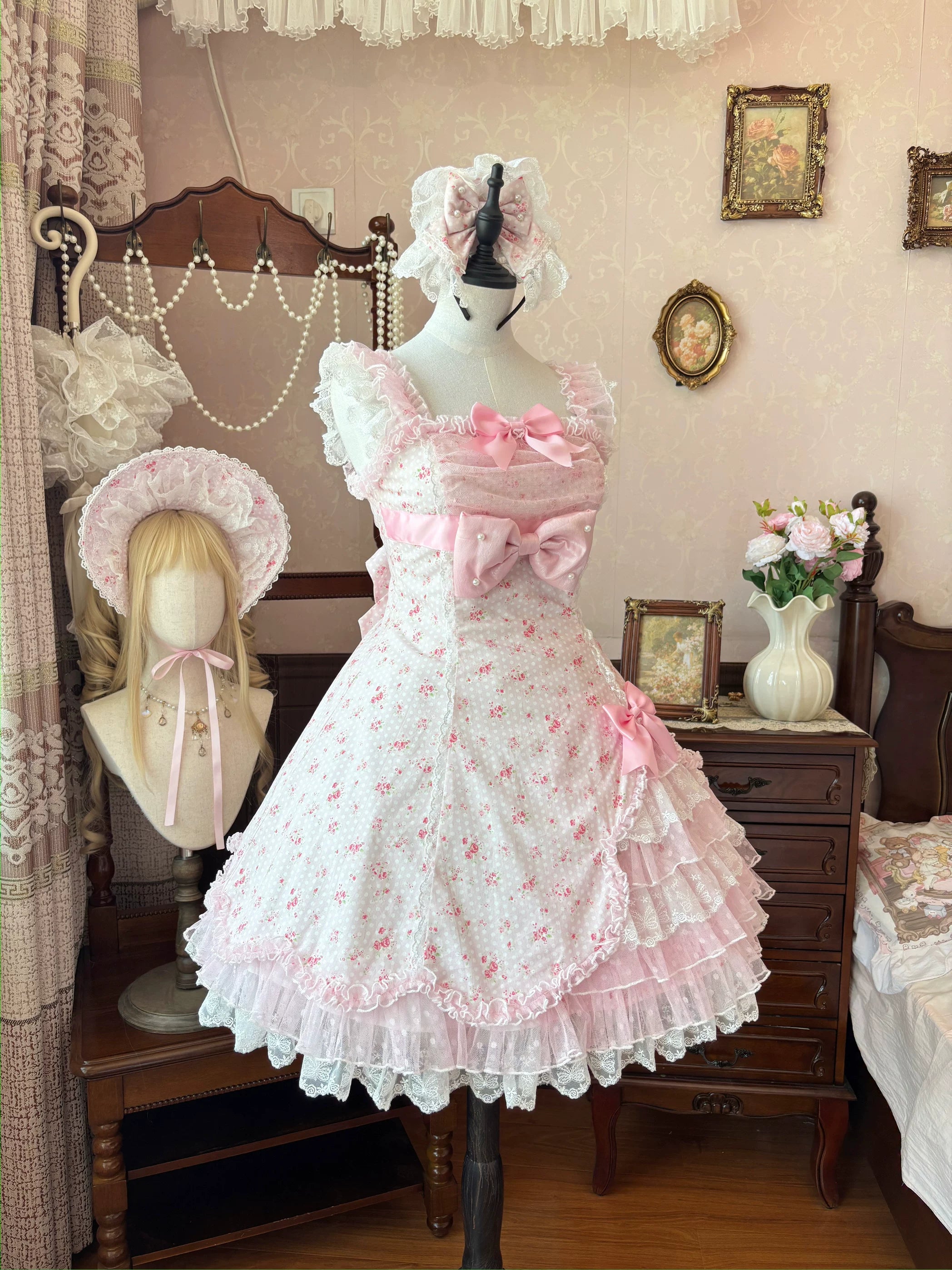 Spring Bud - Old School Lolita Floral Print JSK Dress, Layered Skirt 45036:834340