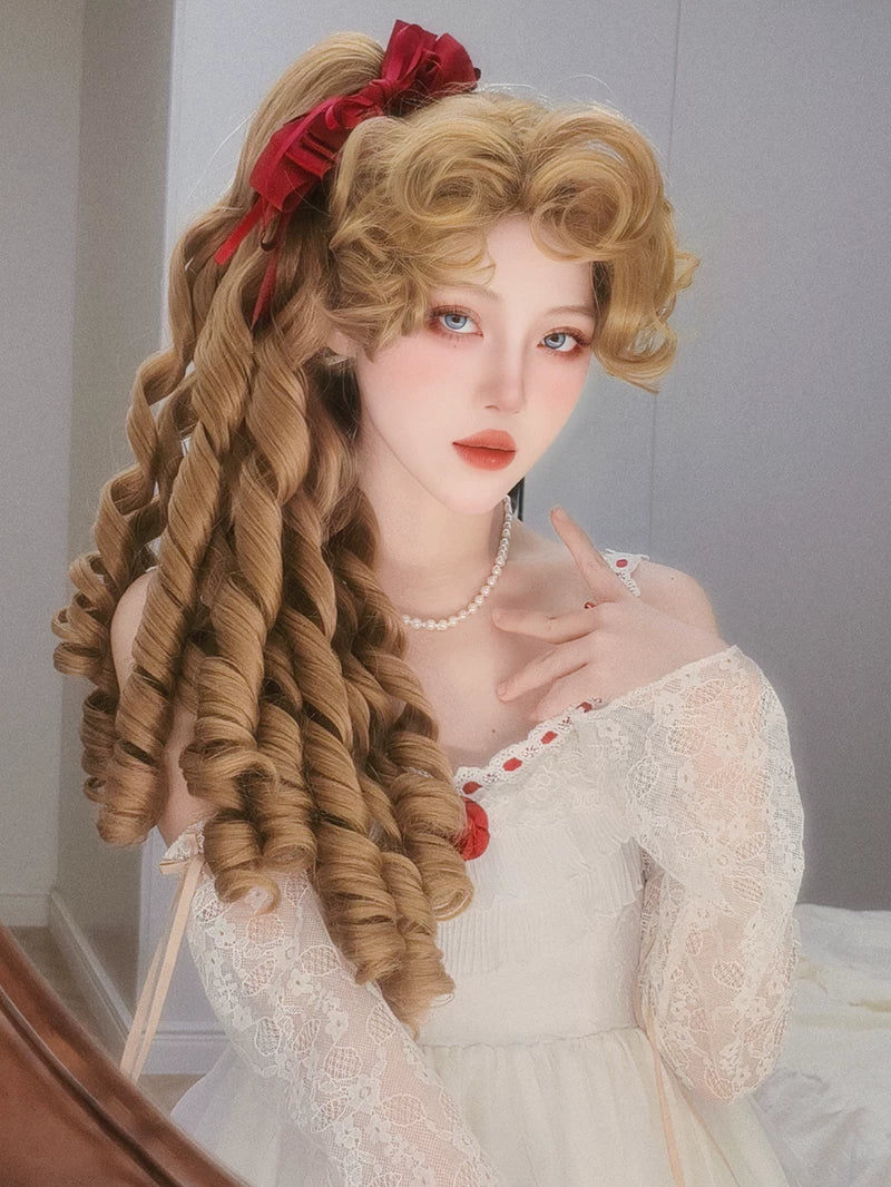 Retro Lolita Roman Roll Wig, Detachable Ponytails