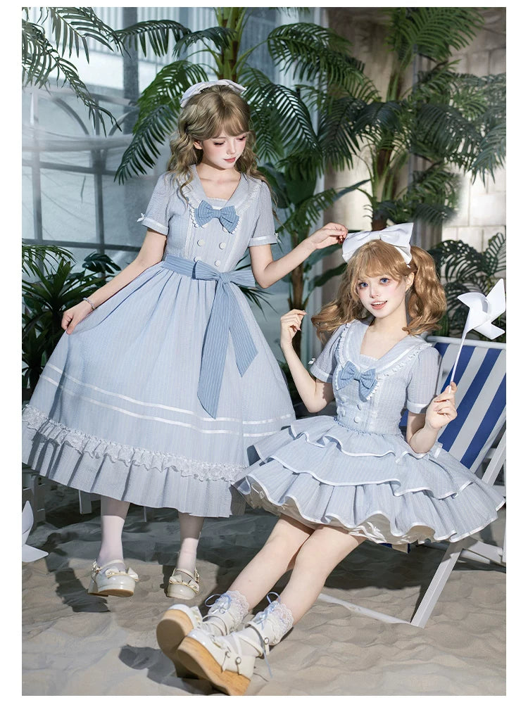 Seven-Day Bell - Blue Classic Lolita Striped OP Dress, Sailor Collar