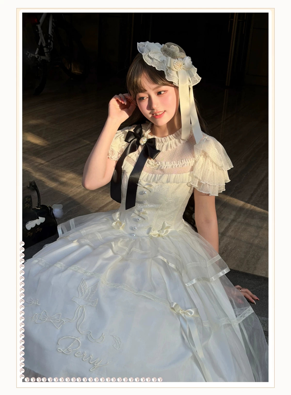 White Bird Love Letter - Classic Lolita Jacquard OP Dress, Embroidered Tulle Hem