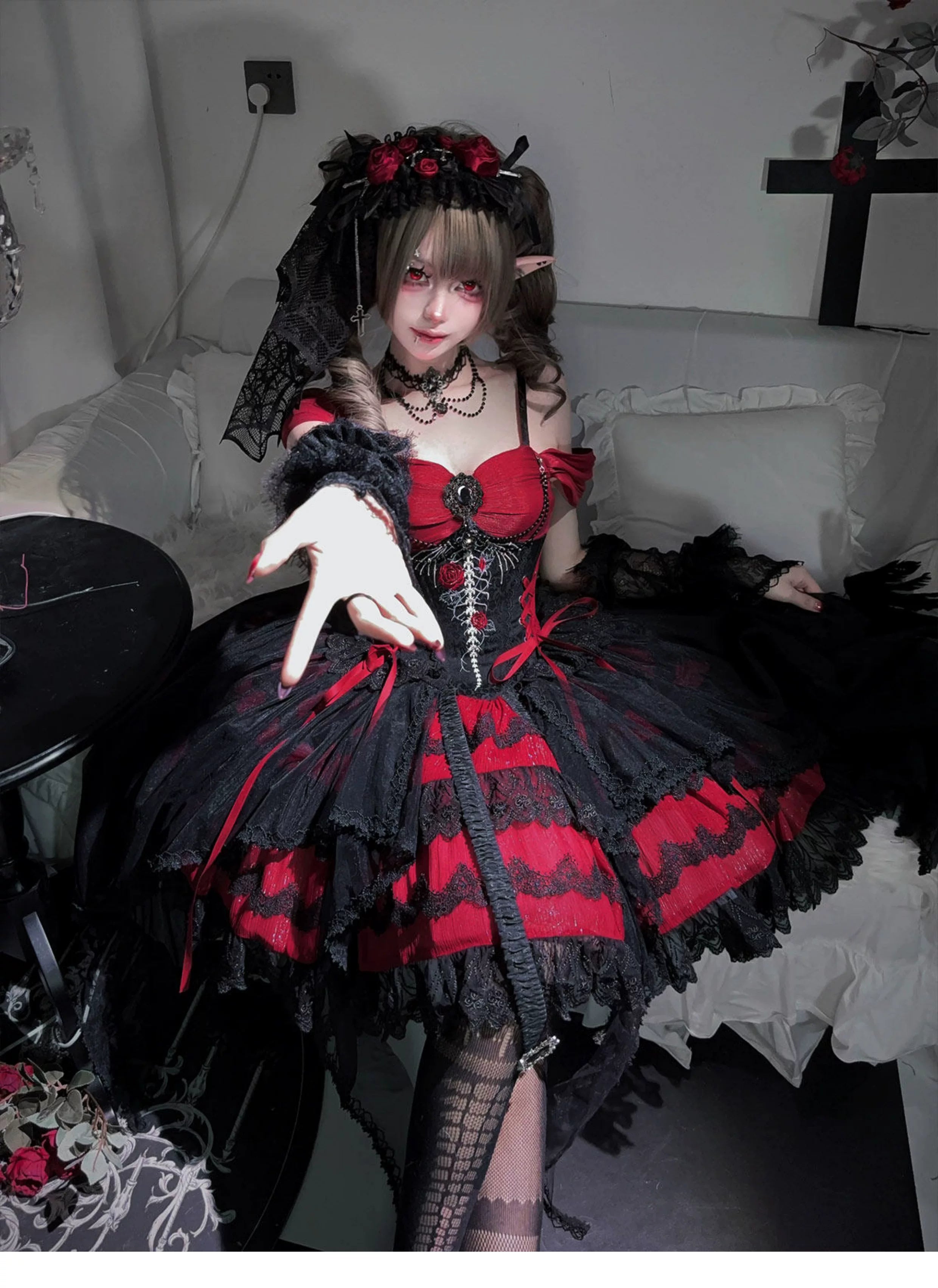 Eternal Thorn of the Dragonbone - Embroidered Gothic Lolita JSK Dress, Off-Shoulder