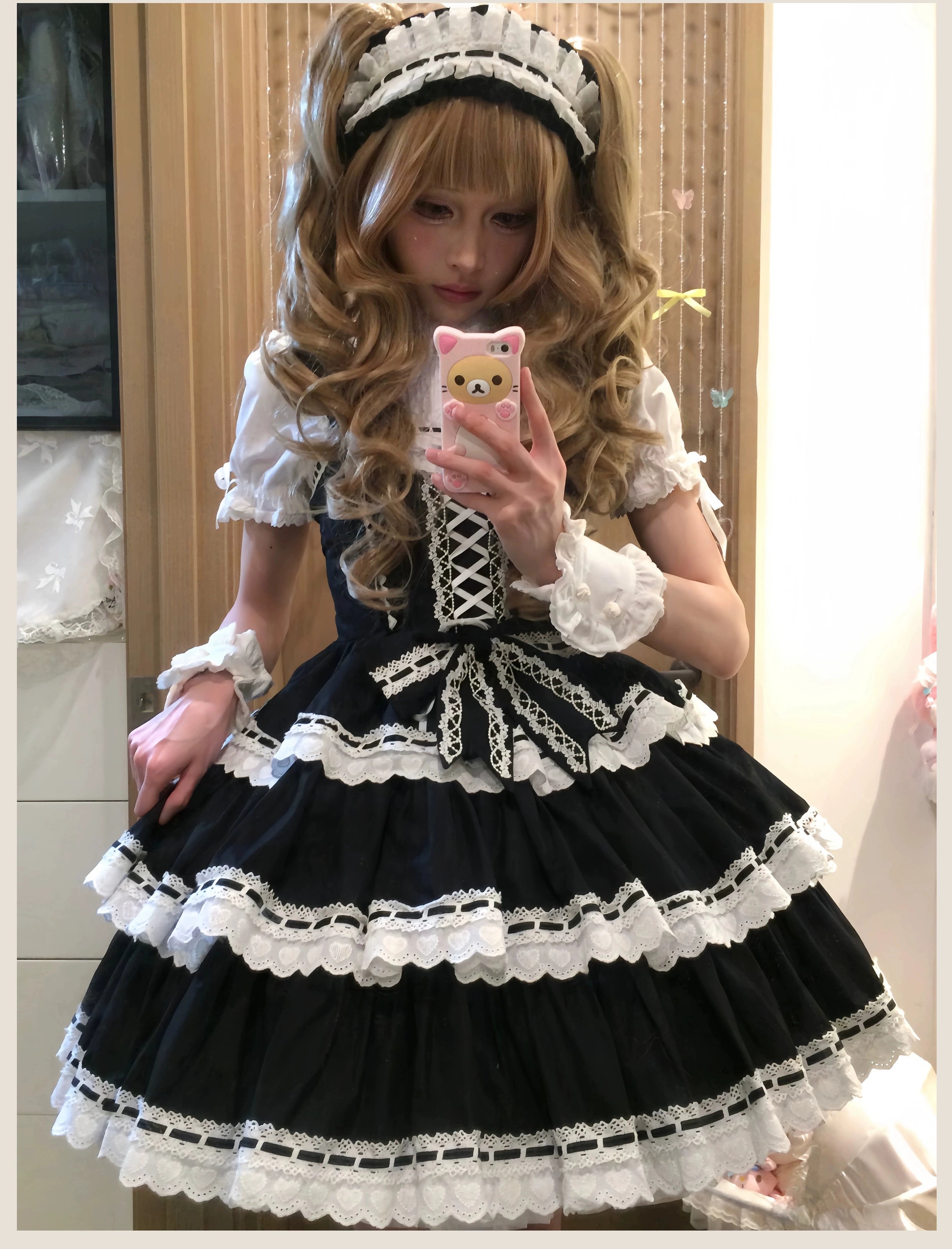 Otome Heart - Cotton Old School Lolita JSK Dress Suit, Heart-Shaped Lace Trim 43381:774539