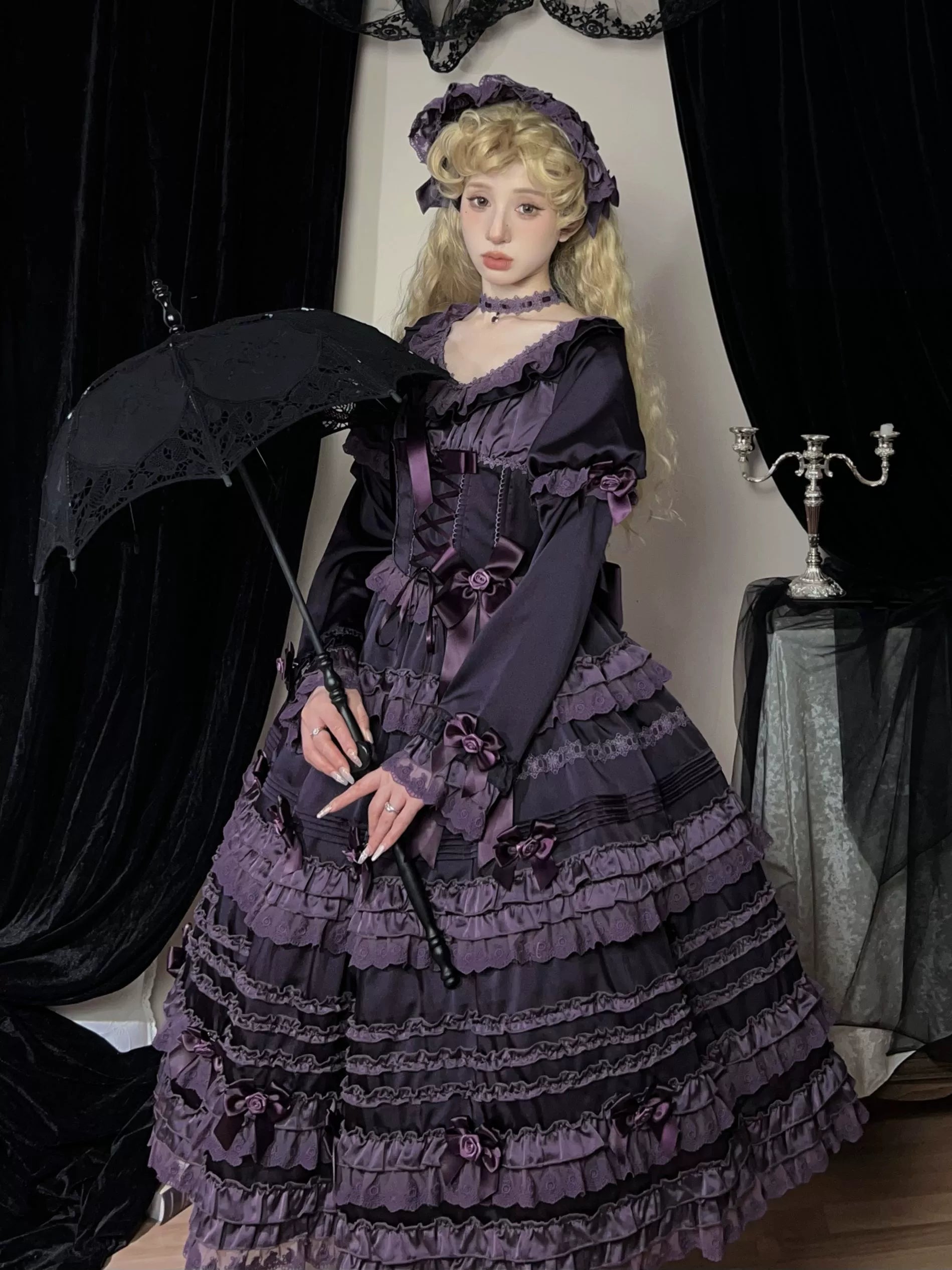 Uncle's Workshop - Stacked Black Currant - Gothic Lolita OP Dress, Detachable Skirt Hem