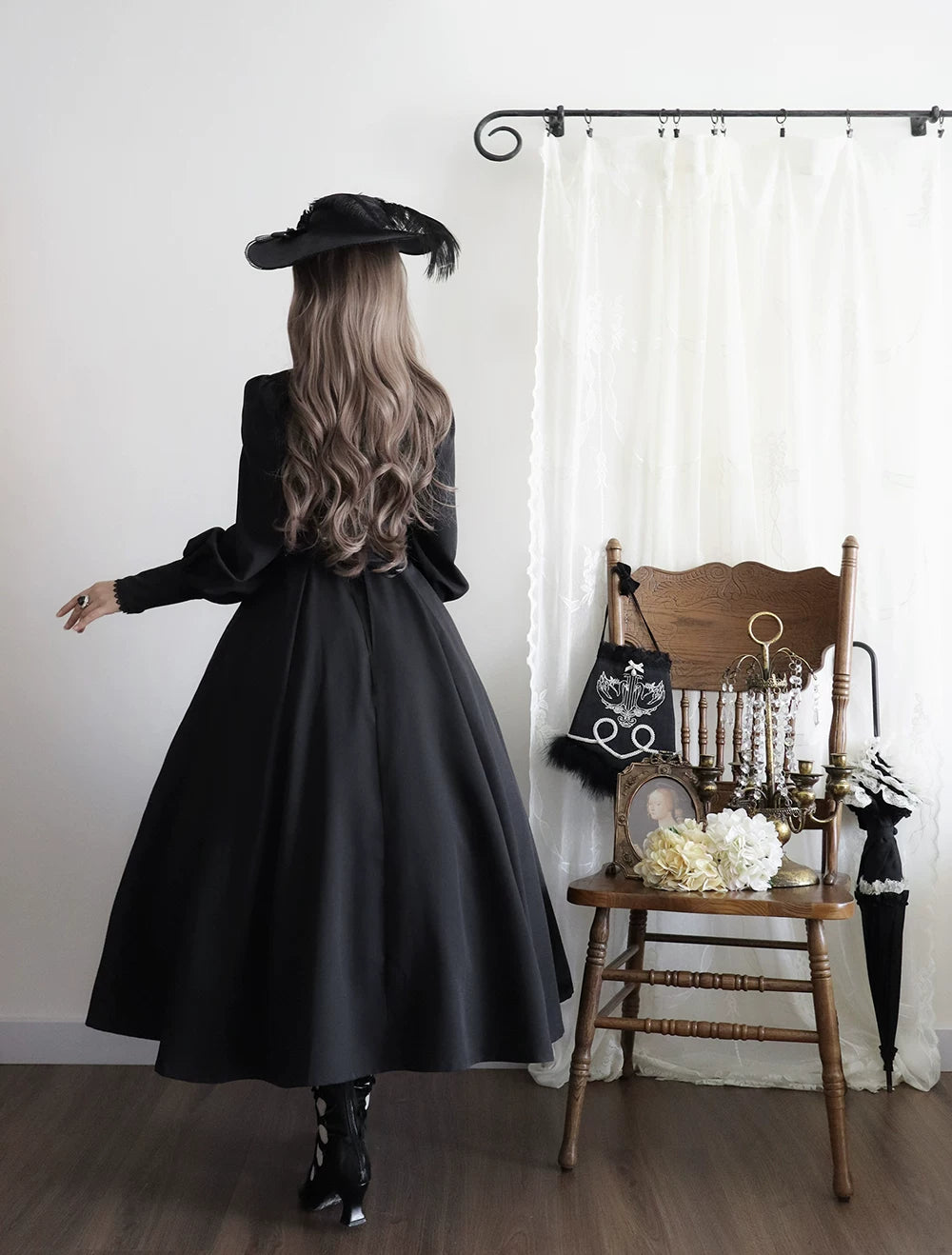 Astrea - Black Classic Lolita Long OP Dress, Side Pockets