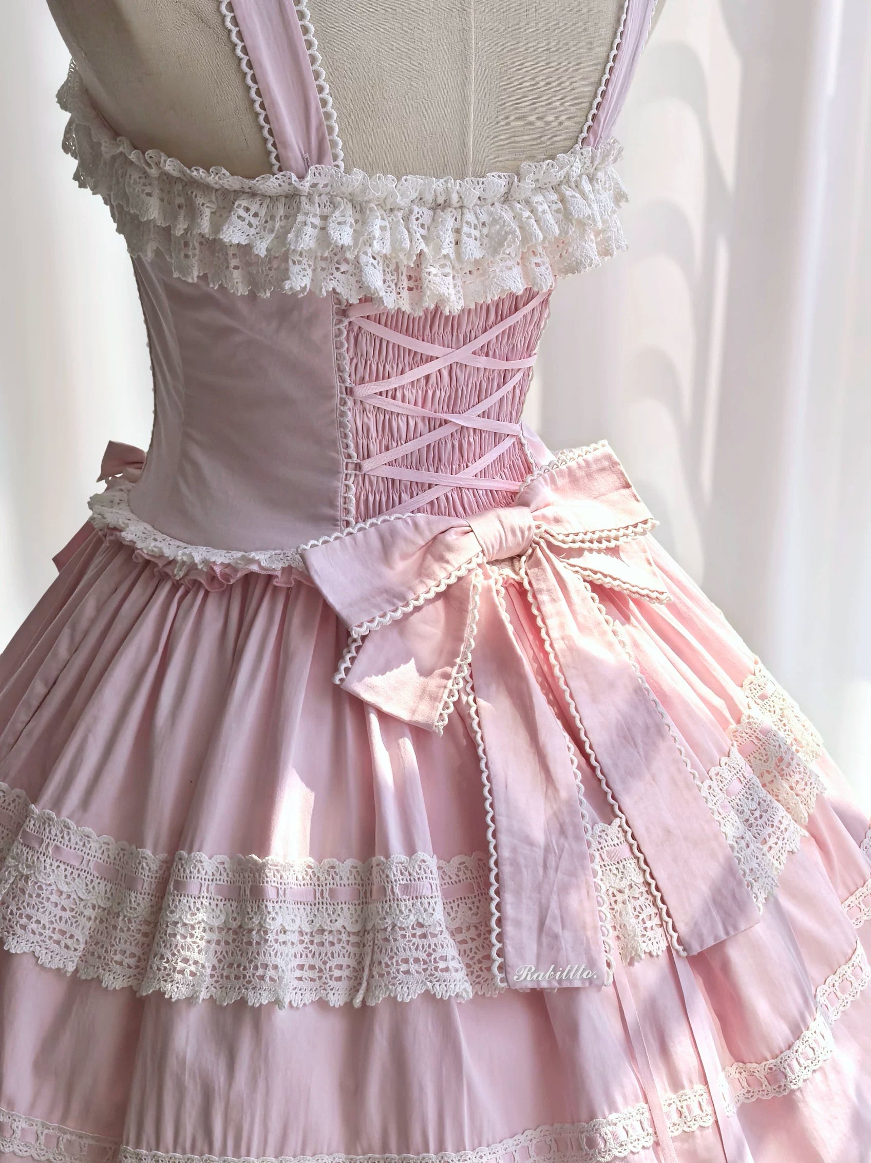 Yarn-Woven Doll Clothing - Old School Lolita Cotton JSK, Peter Pan Collar Blouse Pink and White XS Back Bow Only