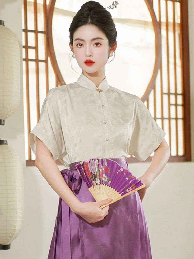 (BFM)Meiyimeng~Han Lolita Shirt Stand Collar Puff Sleeve Blouse S 856 white short-sleeved shirt 