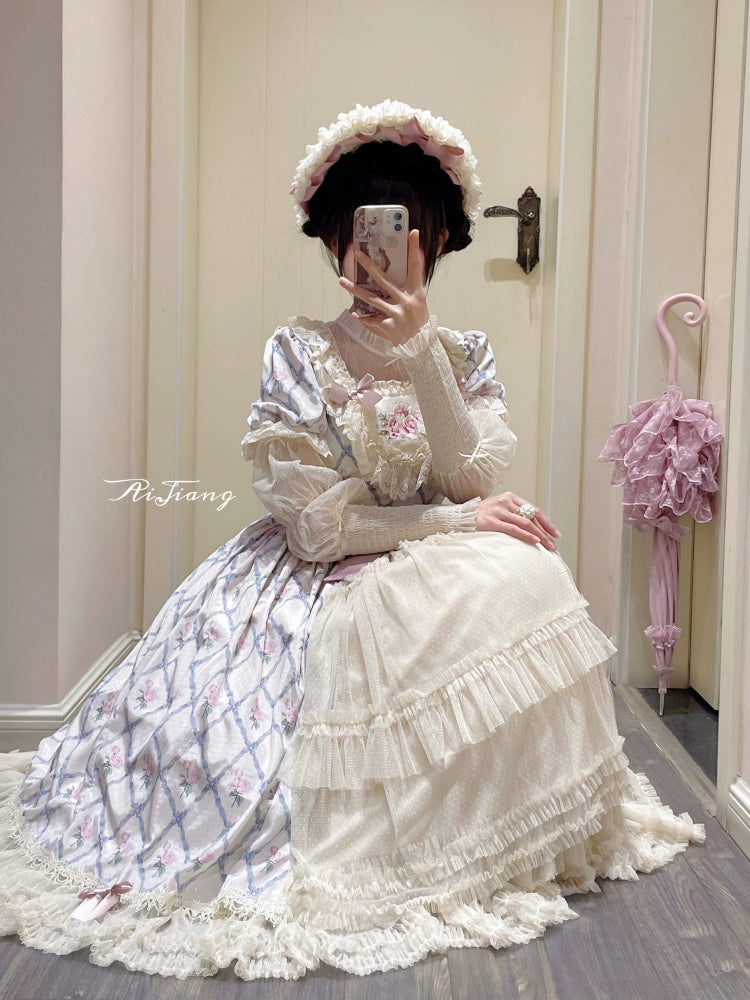Moon River~Elegant Lolita OP Dress Short Sleeve Square Neckline Print Dress 34110:441876