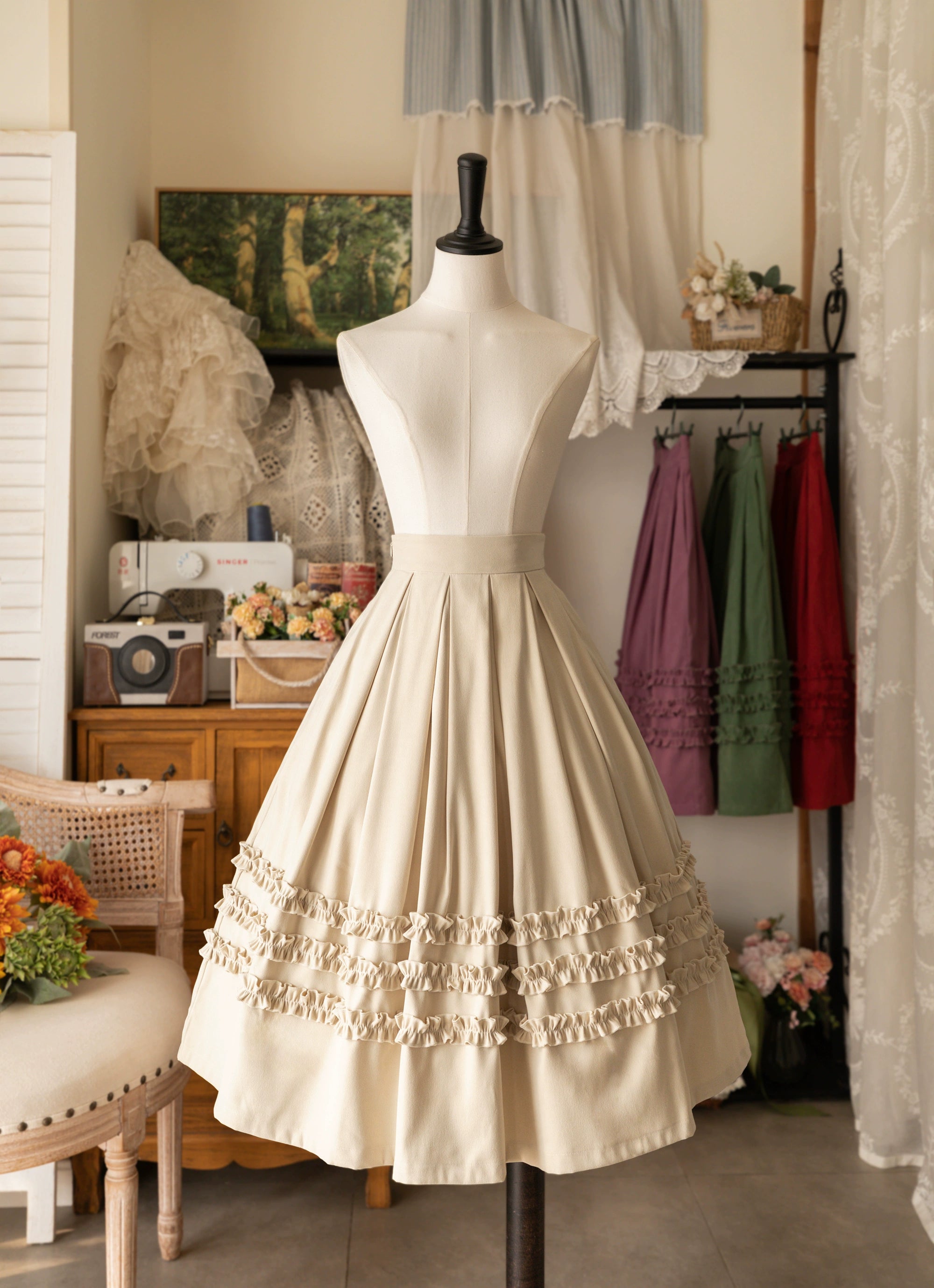 Forest Wardrobe - Forest Basket - Elegant Lolita Skirt Mushroom Edge Skirt Retro Classic S Beige