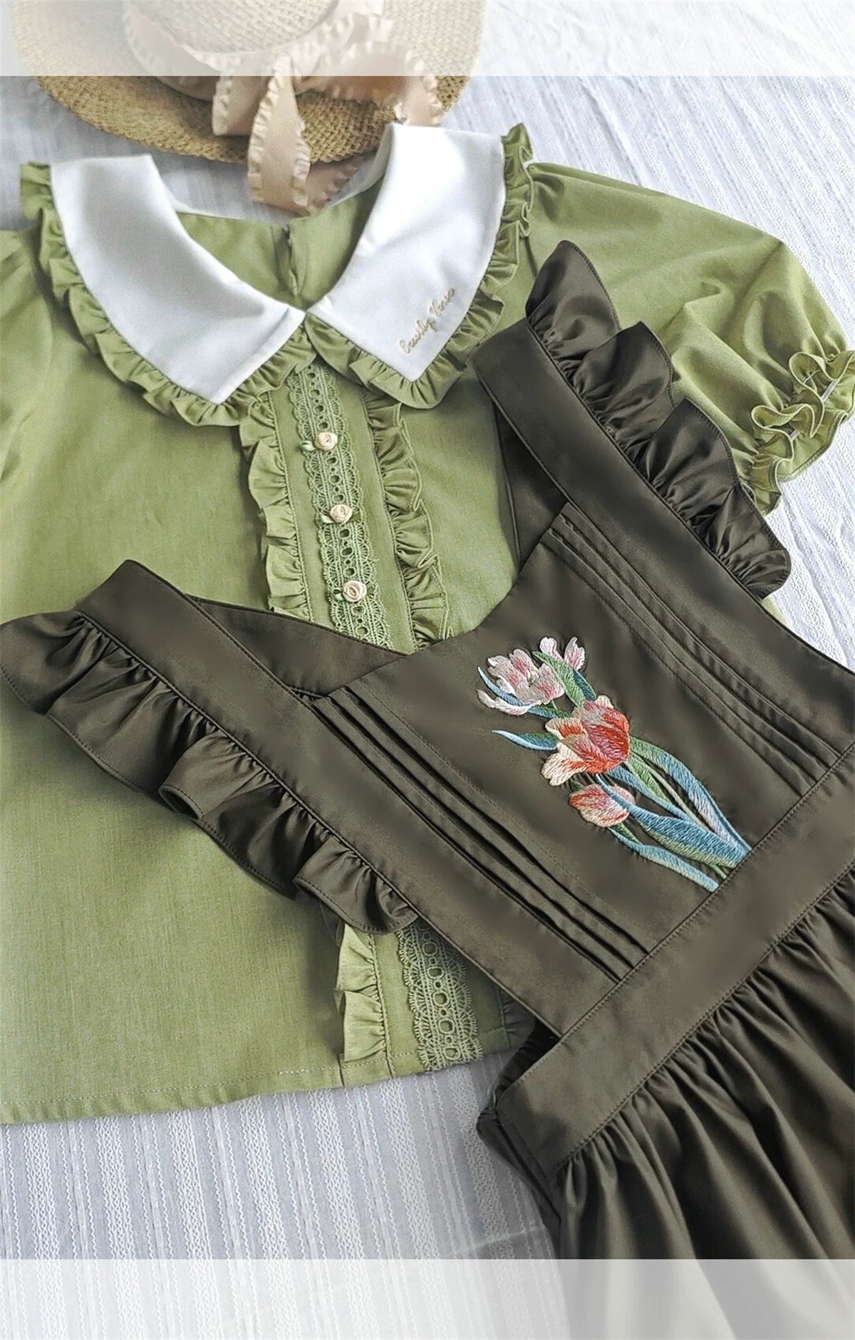 Little Florist - Classic Lolita Salopette Dress & Blouse Set, Tulip Embroidery 45833:864218